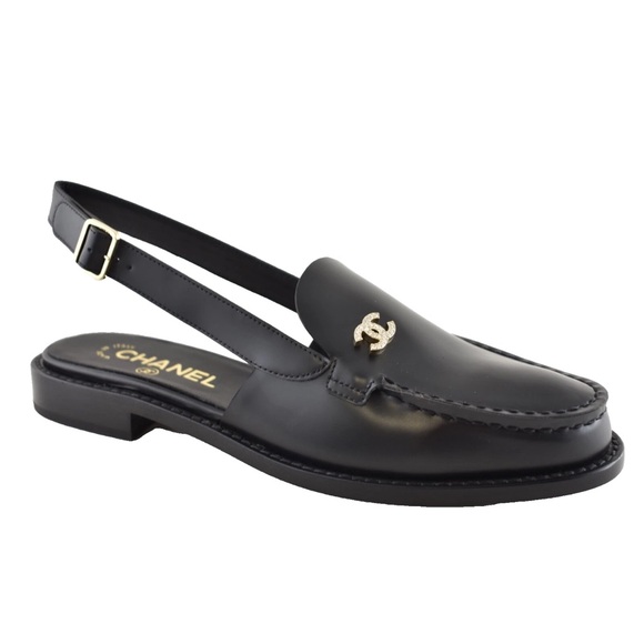 Chanel REV Black Leather CC Crystal Logo Coco Sling Slingback Ballet Flat 39.5 - Picture 1 of 15